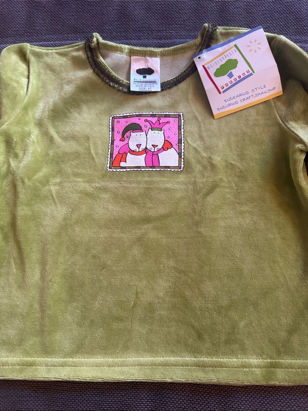 NWT Mulberry Olive Green Long-Sleeve Kids Tee with Pink Cartoon Patch 3T